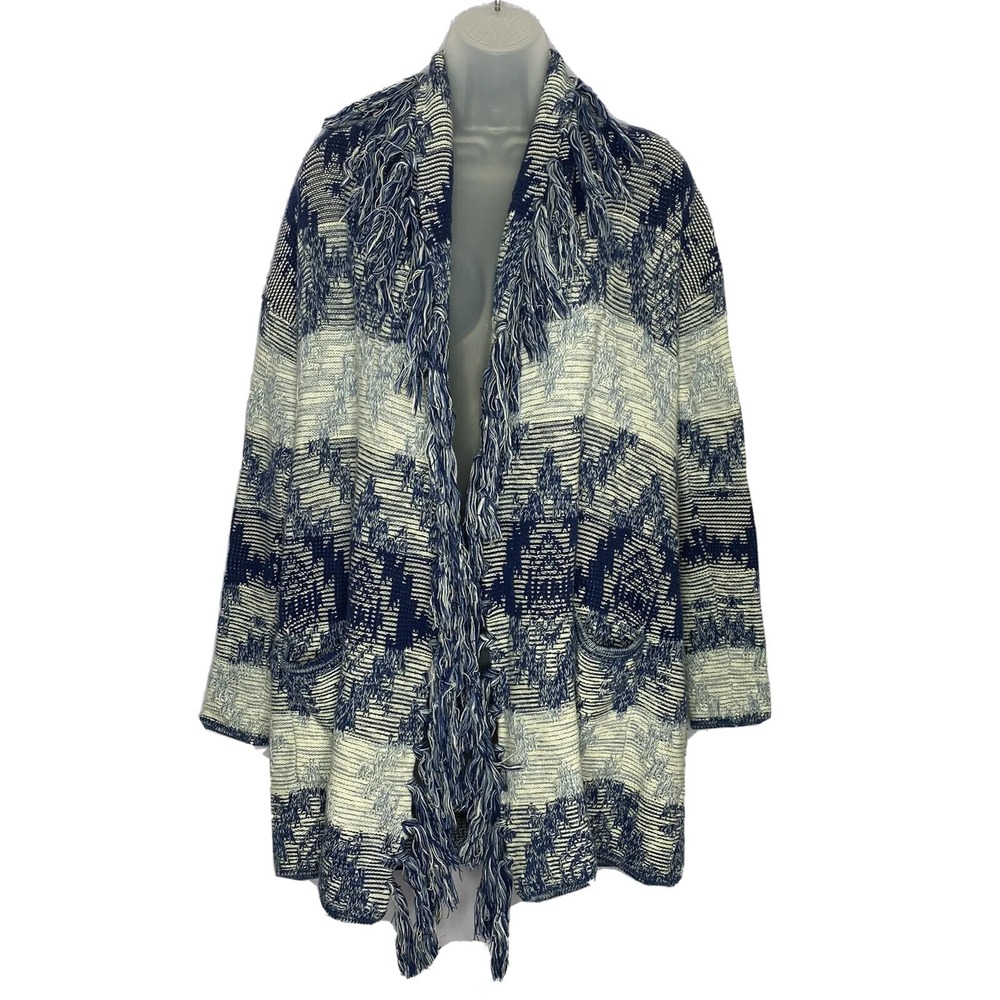 American Eagle Cardigan Sweater XS Blue Aztec Boho Open Blanket Fringe Festival